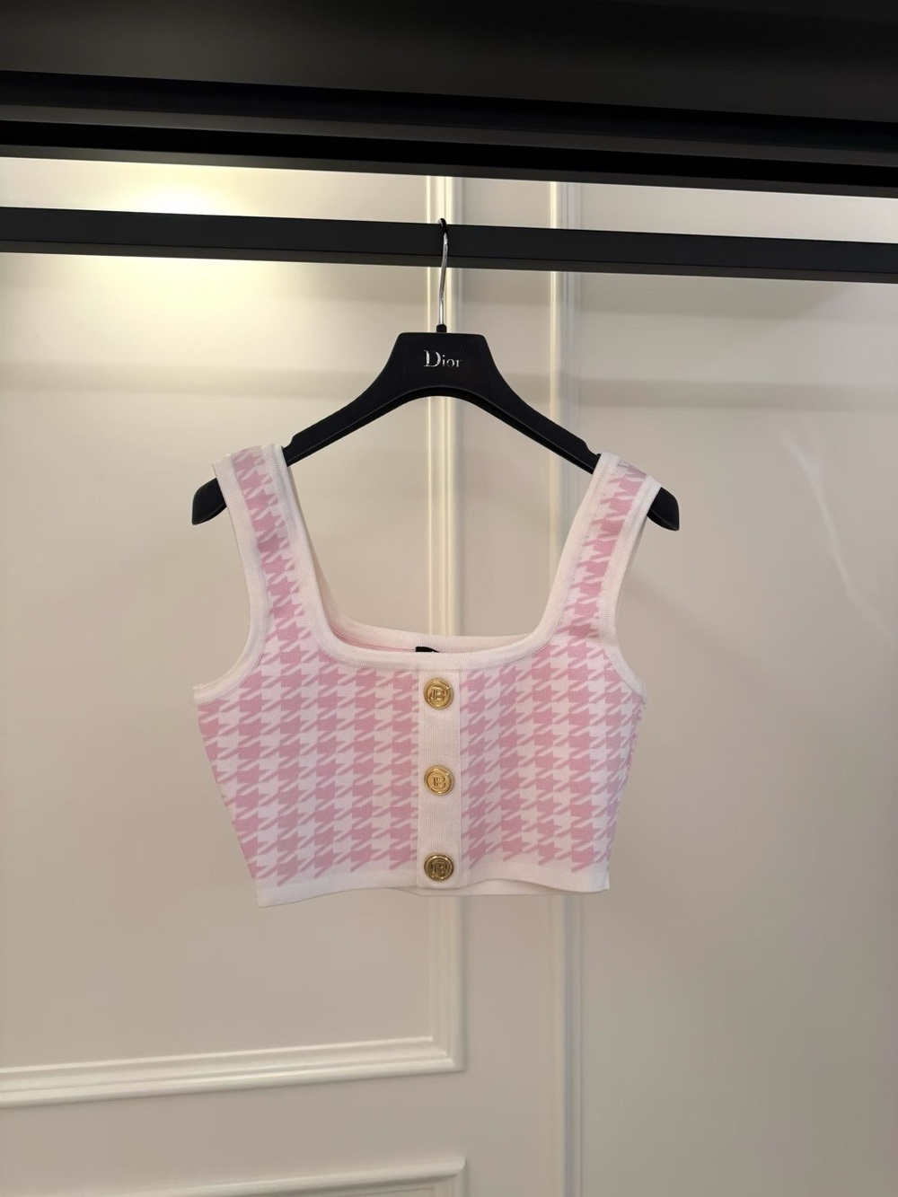 Balmain Pink and White Cropped Knit Tank